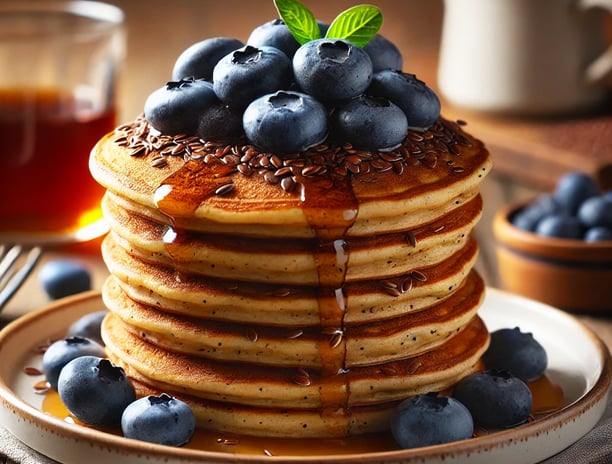 a stack of no egg pancakes with syrup and blueberries