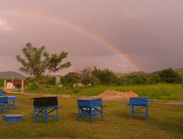 image of solar ovens at the Centro Solar with a rainbow in the background