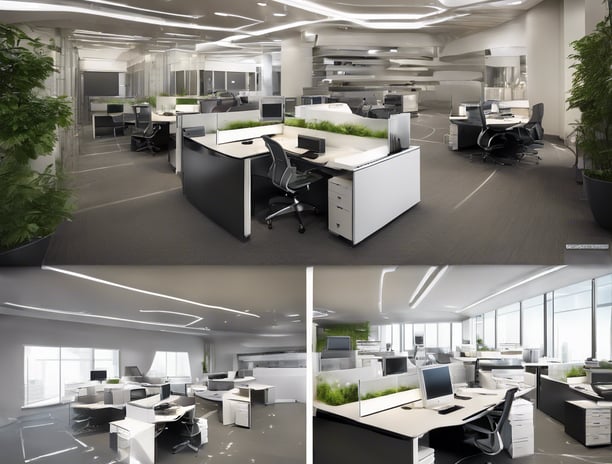 A commercial property featuring two buildings with metal roofs, situated in an industrial area. Several parked vehicles, including vans and cars, are seen near the buildings. The surroundings are well-maintained with greenery and clear weather with blue skies and clouds in the background.