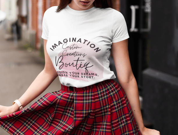 a woman in a white shirt and plaid skirt