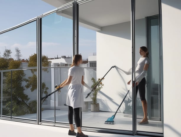 Two workers in protective gear are cleaning the large glass windows of a modern building. They are suspended mid-air by ropes and harnesses, equipped with cleaning tools.