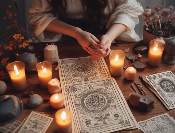 A person holding a deck of tarot cards with a colorful and abstract design on the top card. The person wears bracelets and has a tattoo of a bird on their arm. A cup with a saucer is placed on the wooden table beside them.