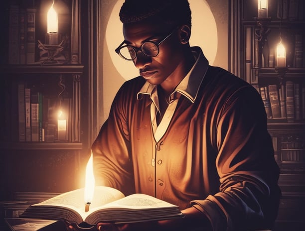 An open book held by someone's hands is illuminated by a focused light source in an otherwise dark environment. One page features a heading 'Creating Consistent Content That Readers Love' and some text below it.