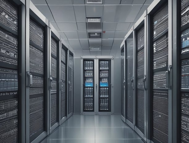 A white mask with distinct black features is placed on an open server tray in a data center or server room. The server is equipped with various LED indicators and network ports, suggesting an active setup.
