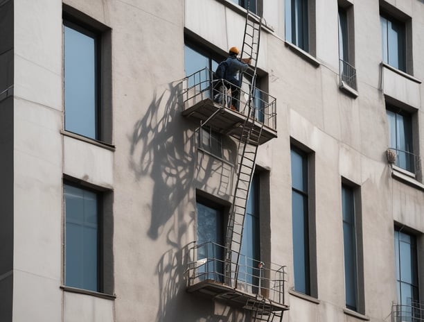 A partially constructed or renovated interior space featuring exposed brick walls and wooden ceilings. A white door is visible in the background next to a red painted wall. A plastic sheet covers furniture on the right side, and there are construction materials scattered across the floor.