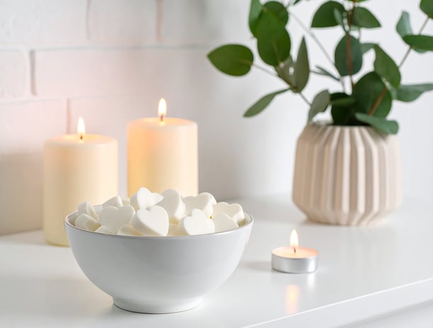 White heart wax melts in a white bowl situated in a contemporary white living space.