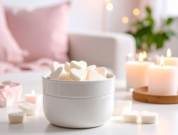 a bowl of white heart wax melts sitting on a table
