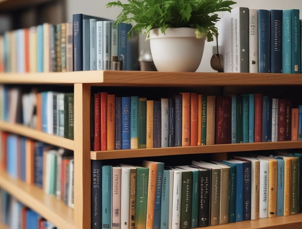 A shelf displays a collection of books on pharmacology, flanked by two white statue bookends in the shape of classical heads and a stone bust of a classical figure. A small green plant in a woven basket adds a touch of natural color.