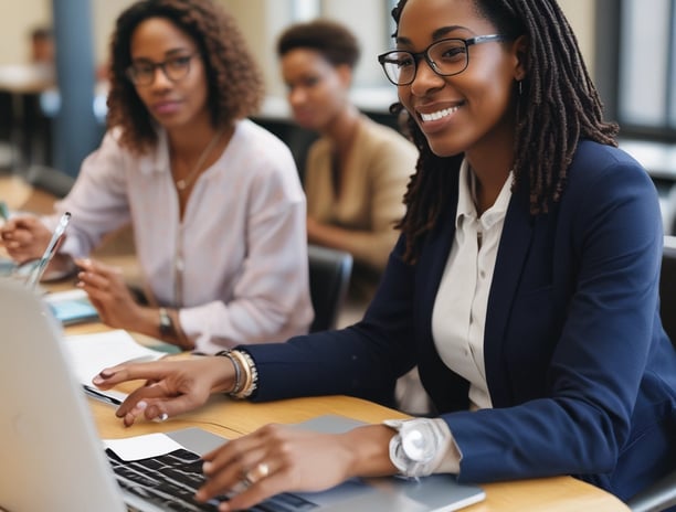 A woman is working on a laptop surrounded by various electronic and mechanical equipment in a laboratory or industrial setting. The environment appears to be focused on technology with visible complex wiring and machinery.