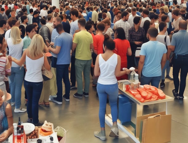a large group of people standing around a table