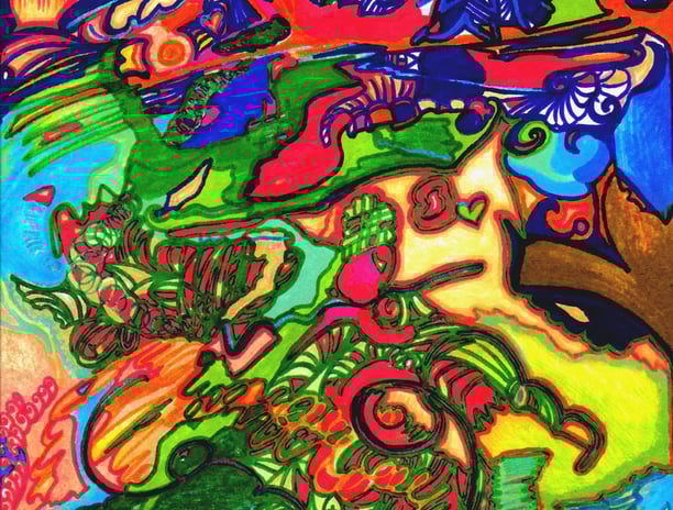 Close up of an intuitive personalized Reiki art color pens soul path portrait
