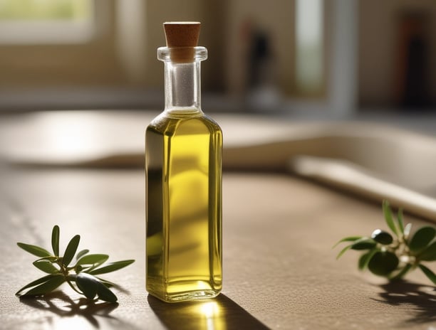 A bottle of chia oil labeled 'Aceite de Chia' with branding that includes the name 'Jevica.' The label also highlights that the oil is premium, edible, and 100% natural. The bottle is positioned on a wooden surface in front of an out-of-focus background featuring cool-toned colors.