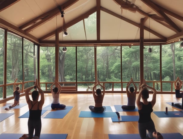 A group of people sit cross-legged on yoga mats in a meditative pose with palms together, suggesting a meditation or yoga session. The setting appears to be indoors with a patterned carpet and soft lighting.