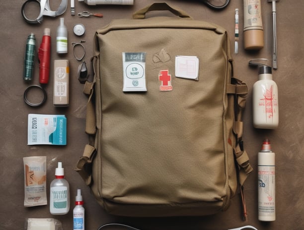 A close-up view of a black tactical backpack featuring multiple straps and Velcro patches. Attached to the backpack is a small, red pendant in the shape of a stylized wolf head.