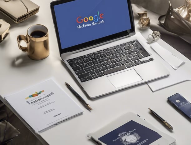 A person is using a laptop with a Google search page open on the screen. The laptop is placed on a white office desk, alongside a smartphone and a telephone. The person is typing on the keyboard and wearing a watch on their left wrist. The setting appears to be an office environment.