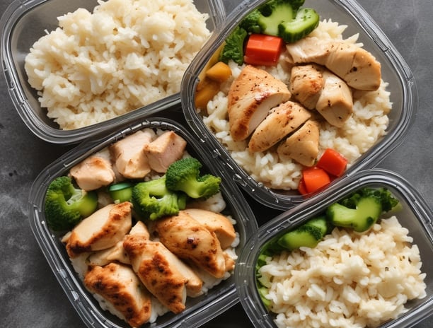 A person holding a meal in a black container featuring cooked cauliflower, broccoli, baby carrots, and slices of nut-crusted entrée. The background is a textured red surface with shadows, and the person appears shirtless, emphasizing a focus on fitness or healthy living.