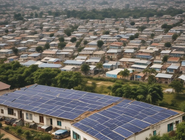 An aerial view of a building with a large array of solar panels on its roof. The structure is surrounded by greenery, pathways, and some smaller structures or landscaped areas. The environment appears to be a mix of natural and man-made elements, suggesting a focus on sustainability.