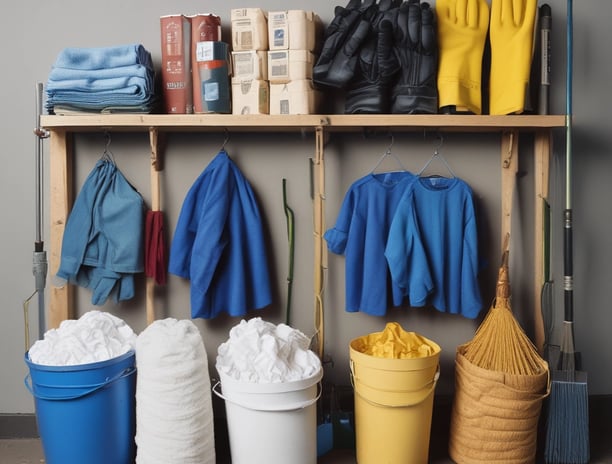 Various jars and recyclable packaging are arranged neatly, featuring a product labeled 'Cake Vaisselle Waschcake'. These are eco-friendly cleaning products displayed on a shelf, with a focus on sustainability and aesthetics. A pink container and a yellow jar are visible among the items.