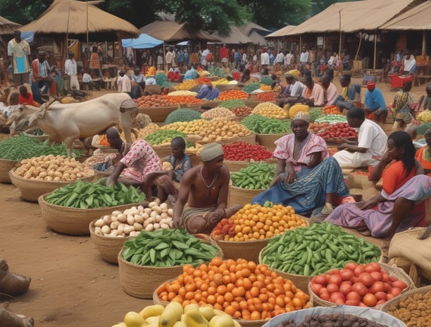 A bustling market scene with a variety of fresh produce on display, including bananas, greens, and jackfruits. Several people are engaged in buying and selling activities under bright blue tarps that serve as makeshift roofs. Crates of vegetables and herbs fill the stalls, and the atmosphere is lively with vendors attending to their goods.