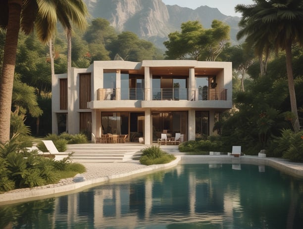 A scenic view of a coastal hillside with multiple large houses and villas surrounded by greenery. A tall palm tree is in the foreground, contrasting with a partially cloudy sky. The architecture consists of cream and earth-toned buildings, some with arched windows.