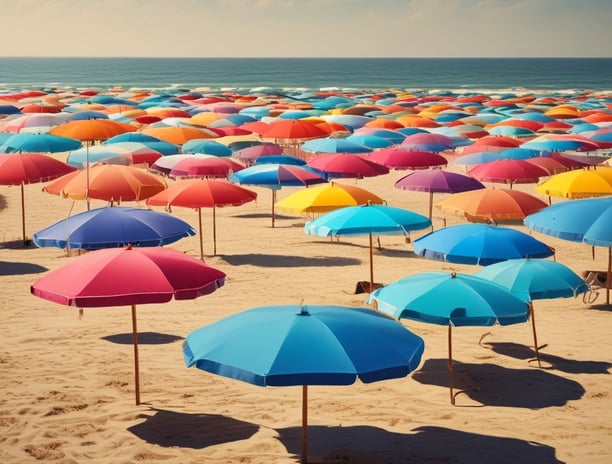 Multiple umbrellas are displayed with a mix of colors and patterns. A pink umbrella is prominent in the foreground, alongside a black one with white polka dots. Additionally, there are umbrellas in shades of purple and blue.