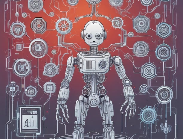 A close-up of industrial machinery with metallic components, featuring a combination of mechanical arms and a sleek, angular design. The background is infused with a bright blue light, contrasting with darker shadows and red accents.