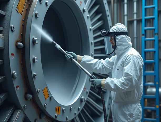 ndustrial technician in cleaning a massive power generator or turbine using dry ice blasting.
