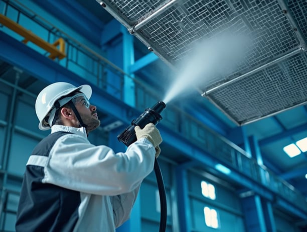 Industrial technician using a dry ice blasting machine to clean a ventilation system