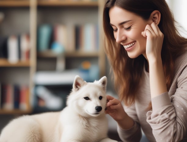 Two packages of pet milk substitute products are displayed, one for cats featuring a kitten, and one for dogs featuring a puppy. The packages are vibrant, with the cat product being blue and the dog product being blue and orange. A green plant leaf is partially visible on the left side of the image, with a soft beige background.