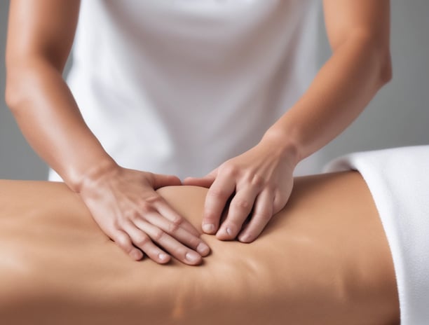 A person is applying a black knee brace to another person's leg, which is resting on a pillow. The person is also holding a handheld electronic device with a small screen displaying some controls and information, likely related to therapy or treatment.