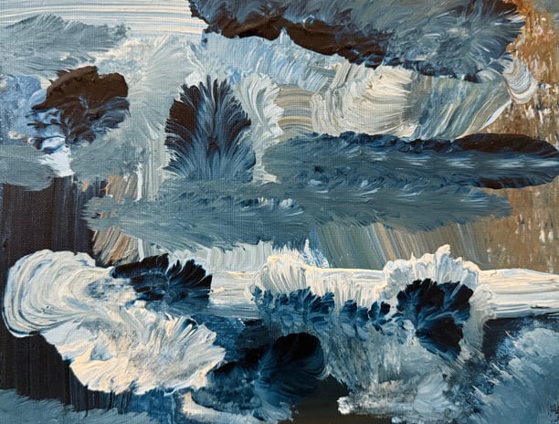 A vibrant abstract artwork featuring a mix of swirling colors and textures. Prominent colors include