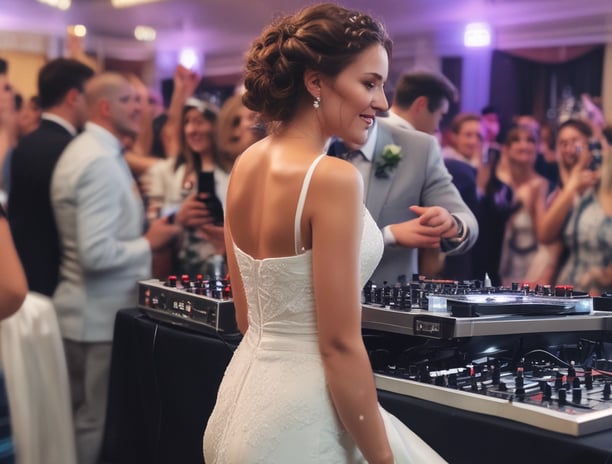 A couple is dressed in formal attire, with one person in a wedding dress holding a champagne bottle while the other person, wearing a bow tie and boutonniere, smiles. They stand in front of large speakers in what appears to be a festive setting.
