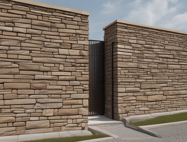 A series of rectangular stone tiles with varying shades of beige, gray, and brown create a patchwork pattern. The texture of the stones is slightly rough, indicating a natural material often used for outdoor flooring or walkways.