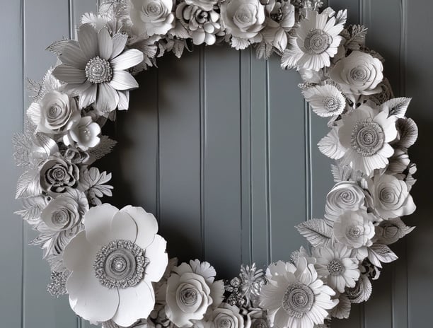 A decorative wreath made of intertwined branches with a wooden texture. Inside, a small wire sculpture resembles a person wearing a floral dress. Musical notes crafted from wire are integrated into the design, giving a sense of movement and rhythm.