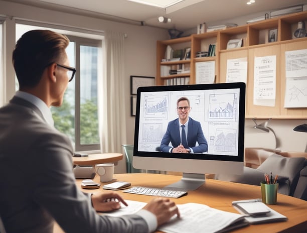 A professional consultation setting with a medical professional sitting at a desk facing a client. The room has a modern aesthetic with white walls decorated with framed certificates. The desk is organized with office supplies, a laptop, and a fruit bowl in the center.