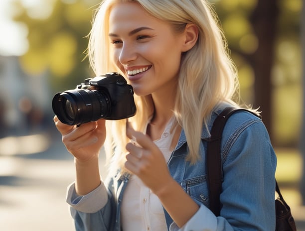 A photographer adjusts his camera while a woman stands nearby, in front of a building with a red roof and brick walls. The setting appears to be a formal outdoor location with a garden and pathways.