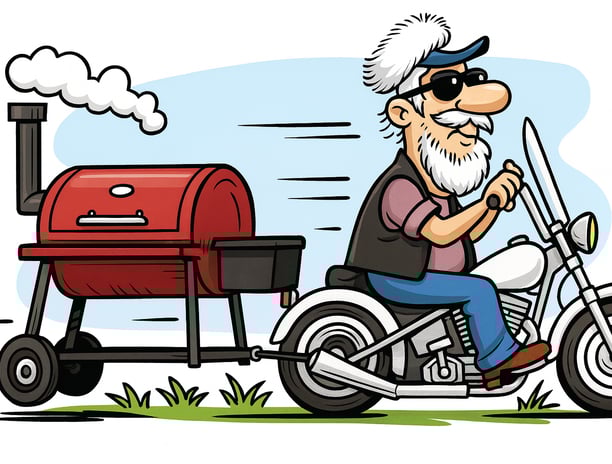 Cartoon of old biker with white hair and beard on his motorcycle pulling a smoker grille.