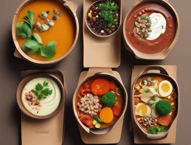 A variety of ingredients and dishes are artfully arranged on a light-colored surface. In the center, there are three containers labeled 'Just Broth' placed on a woven mat, surrounded by fresh vegetables like carrots, onions, and tomatoes. To the left, two bowls of soup with green garnishes and diced white pieces are placed. Additionally, there is a plate of sliced flatbreads and on the right, a bowl of seasoned noodles topped with roasted chicken and garnished with green onions. A cup of coffee is partially visible at the top.