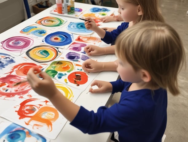 A group of women wearing casual clothing are engaging with children in a colorful room. The walls are painted with bright circles and letters. Some of the women are seated, serving food or interacting with the children, while one stands using a phone. The children are sitting or kneeling on the floor, holding bowls and cups.