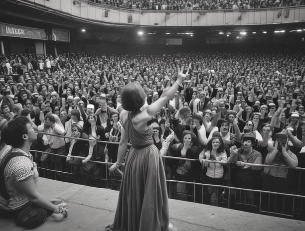 A photographer adjusts a large softbox while capturing a model posing in a vibrant, colorful dress. The setting is outdoors with a backdrop of greenery and a communication tower. The model appears to be mid-motion, showcasing the dress.