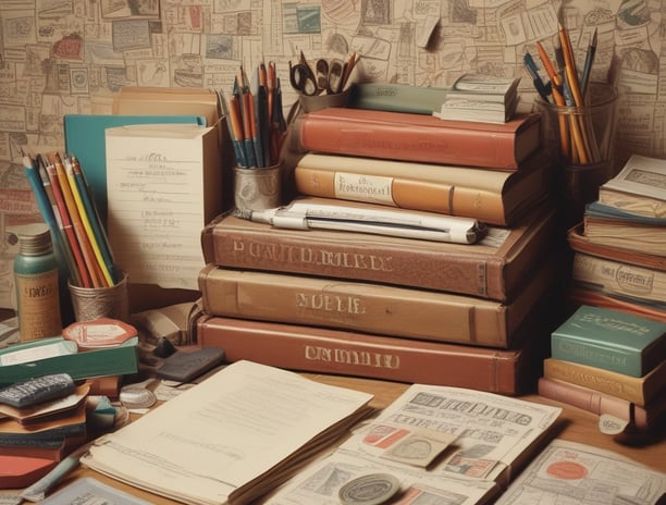 a desk with a lot of books and papers