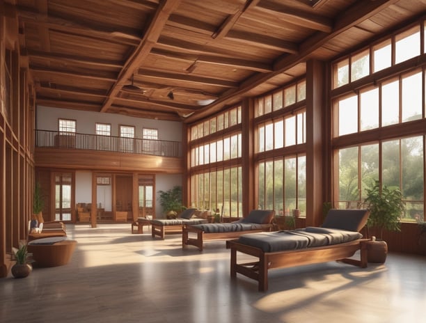 An architectural interior view featuring a large, curved wooden structure with layered patterns. A ceiling skylight in a geometric design allows natural light to filter through, casting a soft glow on the sleek wooden surfaces. Recessed lighting along the ceiling adds an additional source of illumination, enhancing the modern and sophisticated aesthetic.