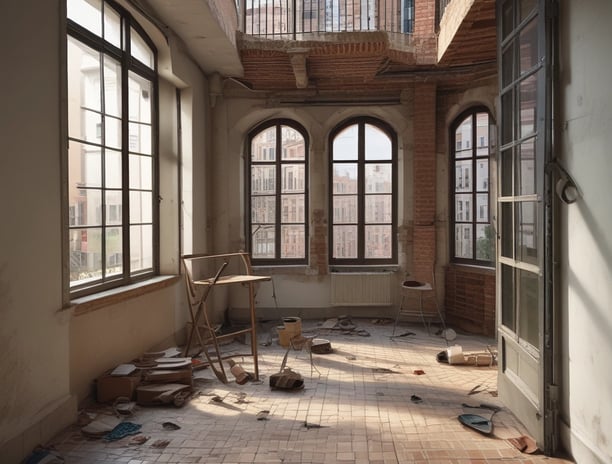 An apartment under renovation in Barcelona, with traditional hydraulic tile floors partially uncover