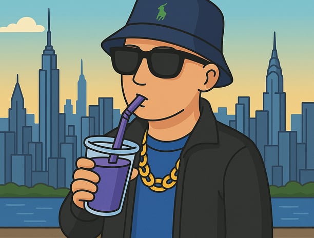 Cartoonartige Darstellung von Hustensaft Jüngling mit Sonnenbrille, stehend vor Stadtpanorama bei Sonnenuntergang, trinkt lil