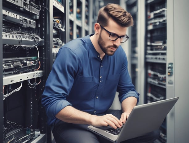 People are working on laptops at a modern office setup. The environment appears collaborative and tech-focused, with laptops, notebooks, and a bright, colorful interior featuring orange and green tones.