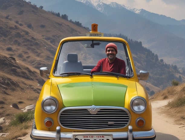 A man driving taxi is smiling at the camera. Two passengers are seated in the back, engaged in conversation. The taxi is surrounded by traffic at night, and an Indian flag is displayed on the dashboard.