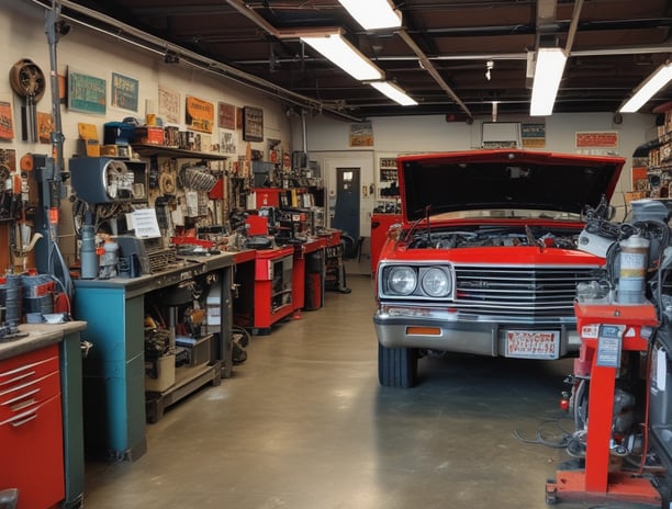 A spacious and well-lit automotive repair shop with several vehicles, including a truck on a lift and another with its hood open. The area is organized with tools and equipment scattered around workstations, with blue car lifts and various service bays visible.