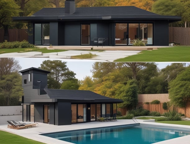 A row of newly constructed white houses lined up along a paved street. The homes feature simple architectural designs with slanted roofs. On one side, there is a tall concrete wall with sparse vegetation. The ground appears to be under development with exposed earth and some construction debris.