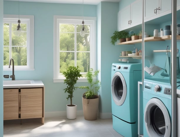 A laundromat interior featuring a row of industrial washing machines on the right side and several laundry carts lined up on the left. The ceiling is adorned with white panels and fluorescent lights. Tables for folding laundry are positioned between the carts. The floor has a speckled pattern, and the overall atmosphere is clean and orderly.
