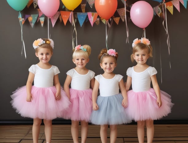 four little girls dressed in tutus with flower headbands at a party with balloons and bunting